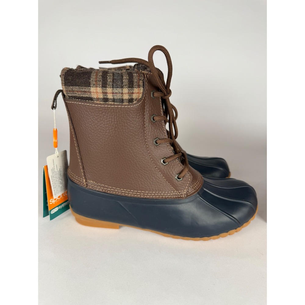 Sporto Debunk Navy Brown Plaid Trim Duck Boots Womens 9M New in Box - Picture 3 of 6